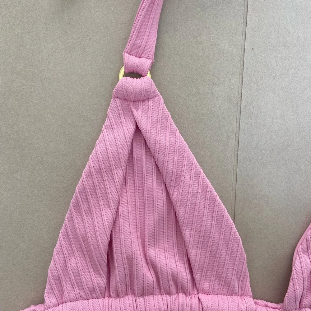 Pink Ribbed Triangle Bikini Top - Picture 2 of 5